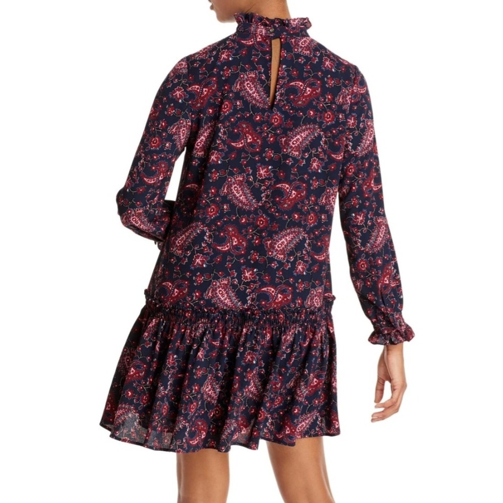 La Vie Rebecca Taylor Navy Red Paisley Ruffle Neck Drop Waist Mini Dress Small - Picture 2 of 12